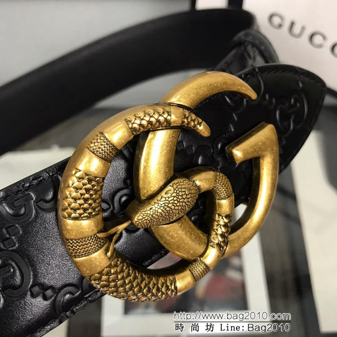 GUCCI古馳 官網新款 正品規格 原單品質 頭層小牛皮壓花 對版尖尾 復古花蛇GG古金扣 男士皮帶  xfp1087